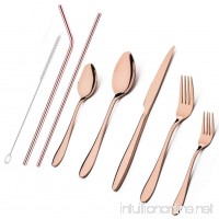Stainless Steel Flatware Set with Reusable Metal Drinking Straws Set Eco-Friendly 7 Pieces Knife Fork Spoon  Portable Travel Silverware Set  Travel Camping Cutlery Set  Dishwasher Safe (Rose Gold) - B07FMZ4RQL